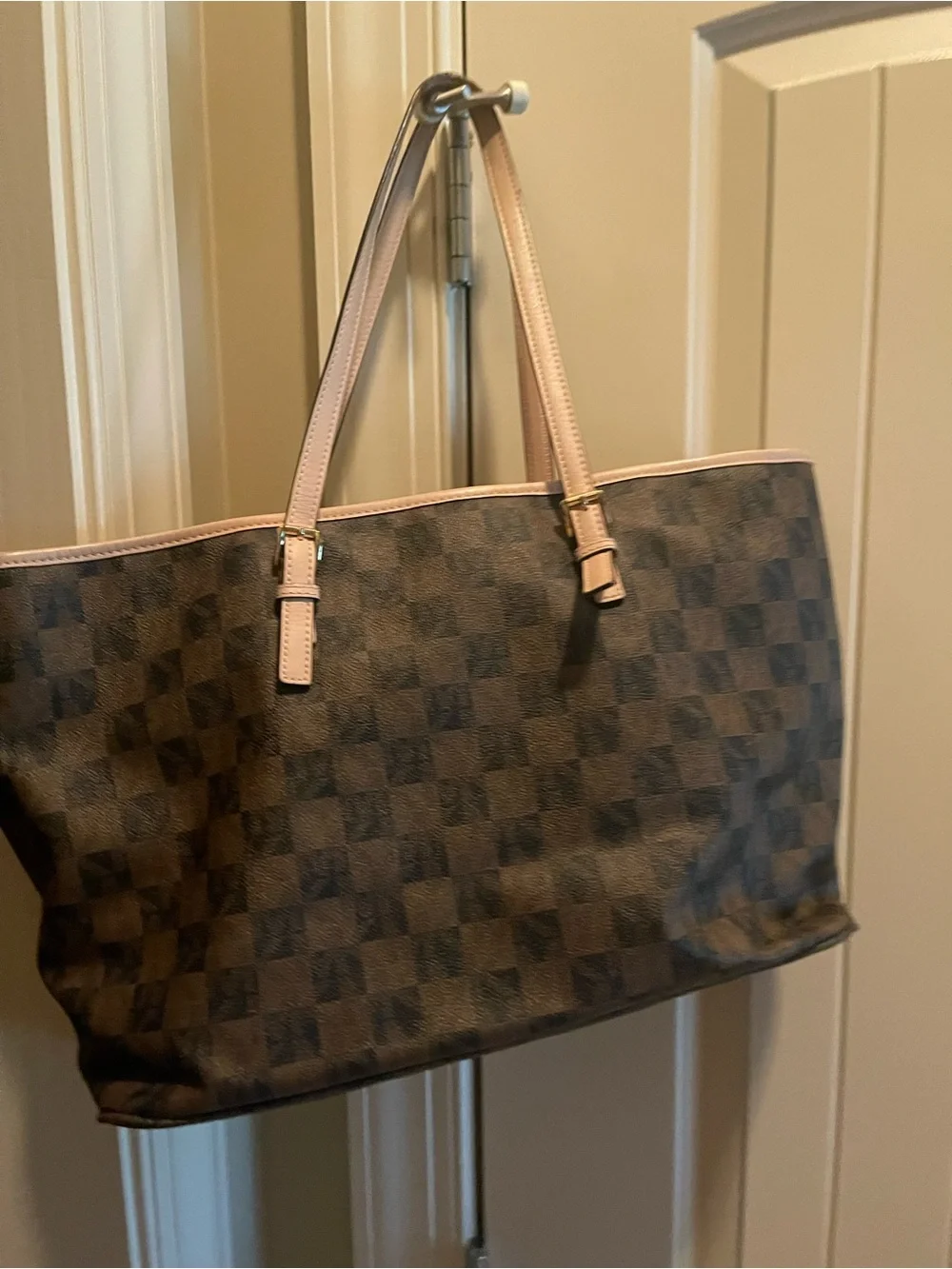 Michael Kors Brown Checkered Tote with Pink Trim and Gold Charm - Picture 2 of 4